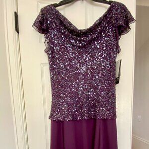 JKARA Plum Cap Sleeve Sequin Lace Chiffon Gown  - Size 8